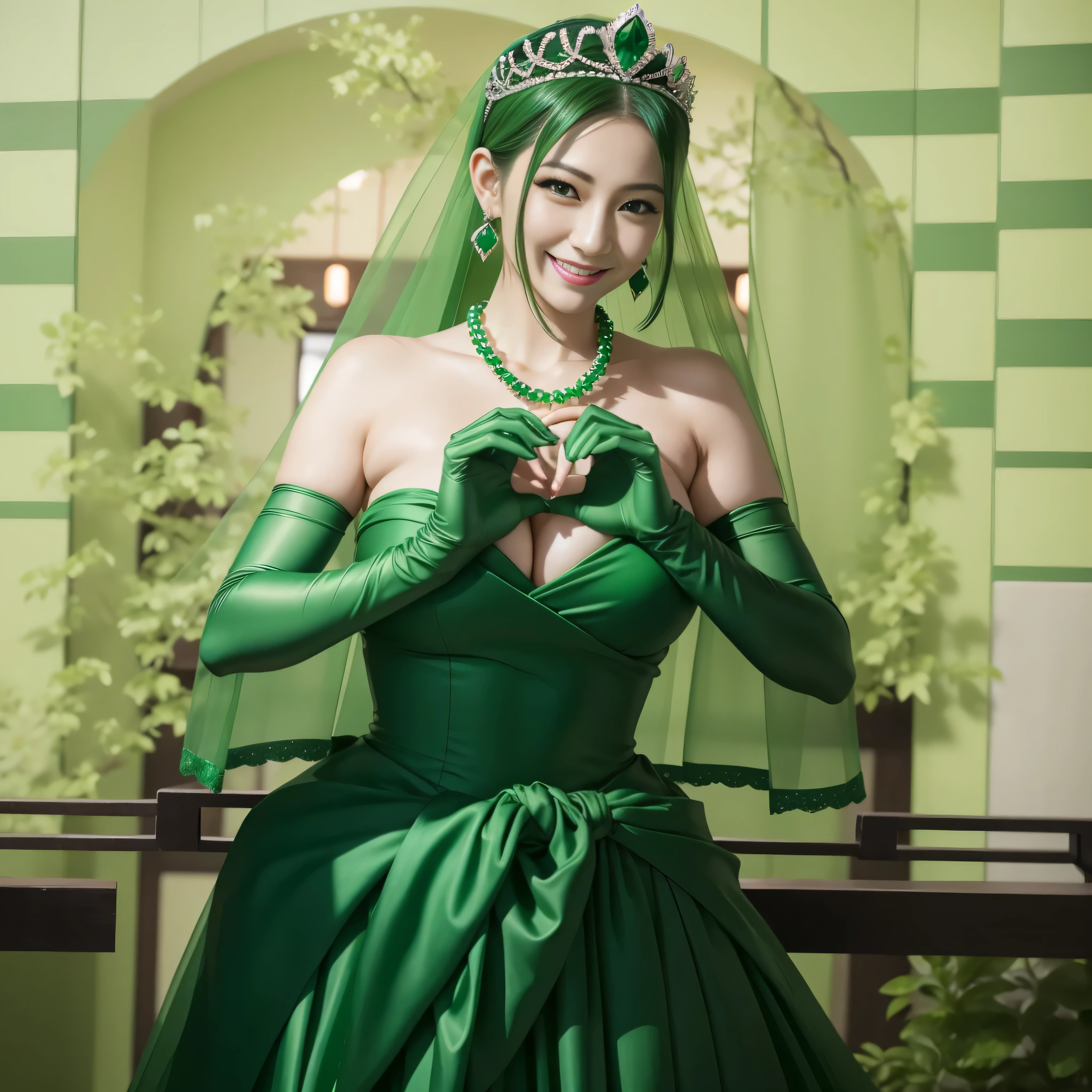 emerald tiara, green pearl necklace, ボーイッシュな非常に短いgreen hair, lipstick, smiling Japanese woman, very short hair,  Beauty with large breasts, green eyes, Long Green Satin Gloves, green eyes, emerald earrings, green veil, heart with both hands, green hair, Beautiful Japan woman in her 30s, heart shaped hand:1.3