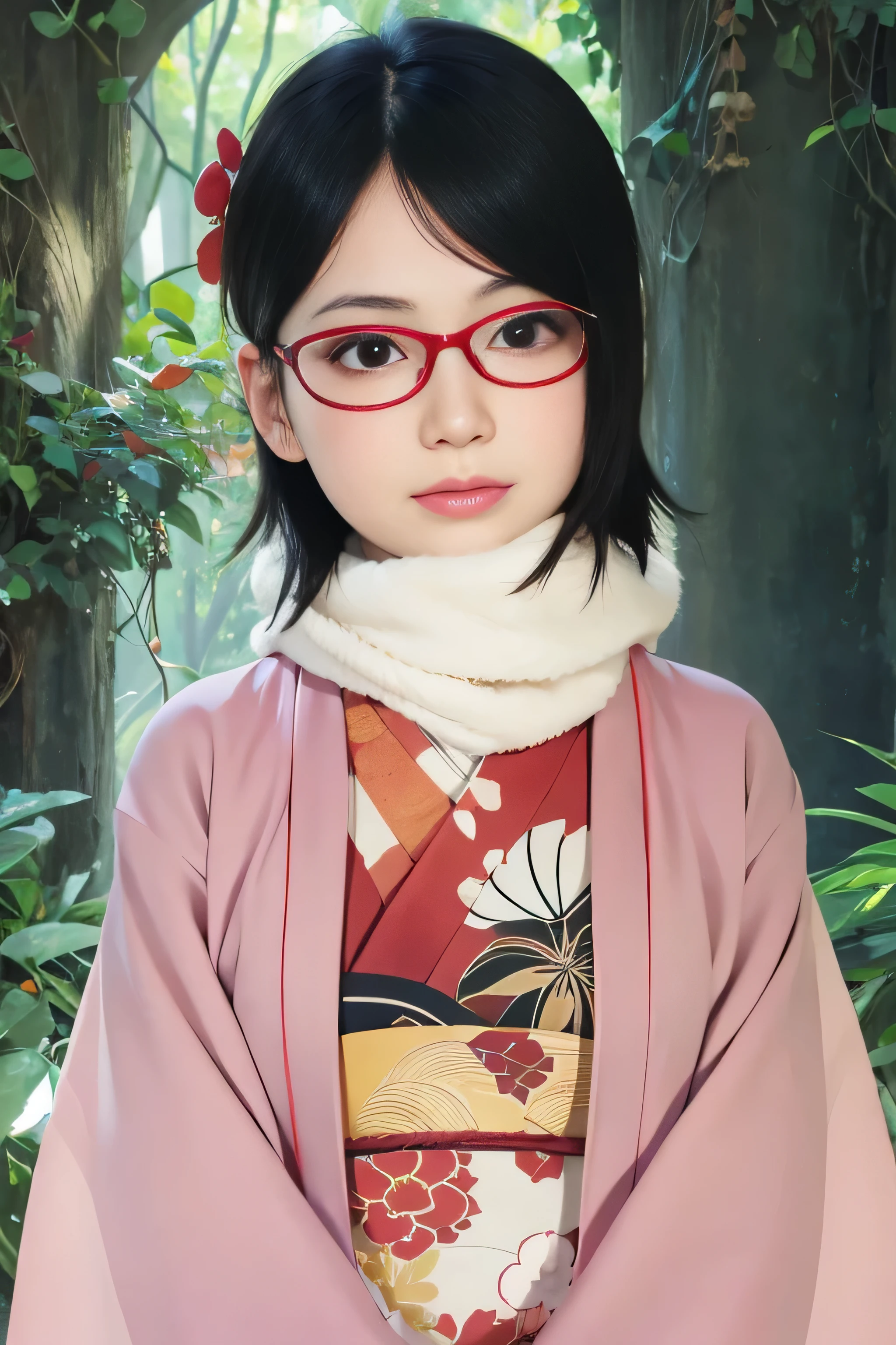 masterpiece, best quality, (realistic,photo-realistic:1.4),(RAW photo:1.2), extremely detailed CG unity 8k wallpaper, delicate and beautiful, amazing,finely detail, official art, absurdres, incredibly absurdres, huge filesize, ultra-detailed,extremely detailed eyes and face,light on face,little smile,sarada,(black hair:1.4),short hair,(wearing red framed glasses:1.4),jungle,sunrise(wearing kimono:1.4),wolly scarf