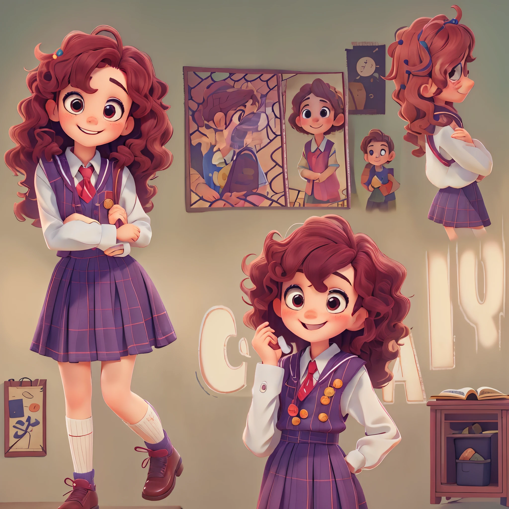 masterpiece, best quality,a cute girl,maroon curly hair。,junior high school student,school uniform,a happy expression。Pixar style, best quality, stills,,in school,