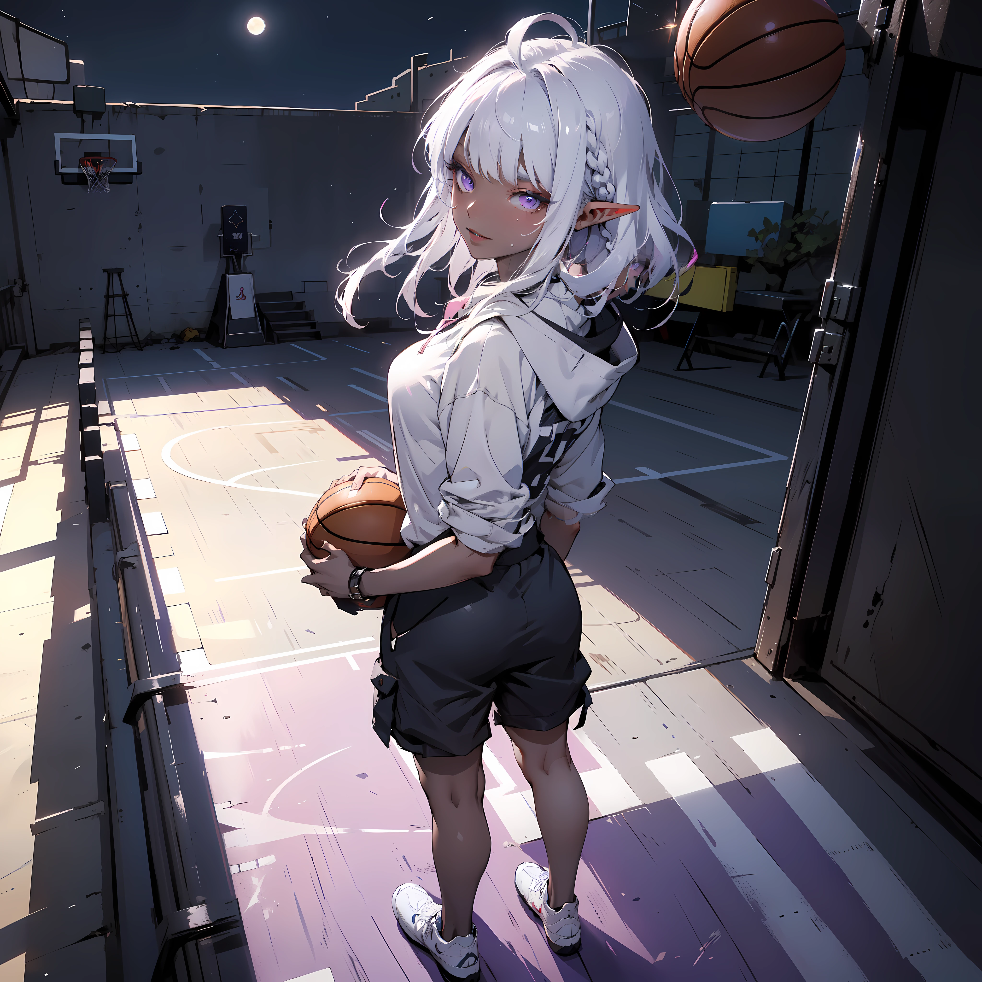 ((masterpiece)), (top quality), (best quality), ((ultra-detailed, 8k quality)), Aesthetics, Cinematic lighting, soft semi-backlit light, (detailed line art), absurdres, (best composition), (high-resolution),
BREAK,
beautiful of ((dark elf girl)), street clothes, hoodie, cargo pants, Air Jordan Sneakers, full body, Dynamic pose, POV angle to head, atmospheric perspective, cinematic dramatic atmosphere, Standing in the middle (basketball court:1.2), (holding a basketball), outdoors, (full moon sky), sweating,
BREAK,
highly detailed of (dark elf), (1girl), solo, perfect face, details eye, ahoge, twin braids, white shining hair, hime cut bangs, medium hair, (violet eyes), shining eyes, (beautiful detailed eyelashes, eyeshadow, pink eyeshadow), smile, design art by Mikimoto Haruhiko, by Kawacy, By Yoshitaka Amano,
BREAK,
((perfect anatomy)), perfect body, Abs, (medium breast), perfect hands, perfect face, beautiful face, beautiful eyes, perfect eyes, (perfect fingers, deatailed fingers), correct anatomy, perfect legs, ((dark skin:1.2)), perfect ball, Detailed ball,