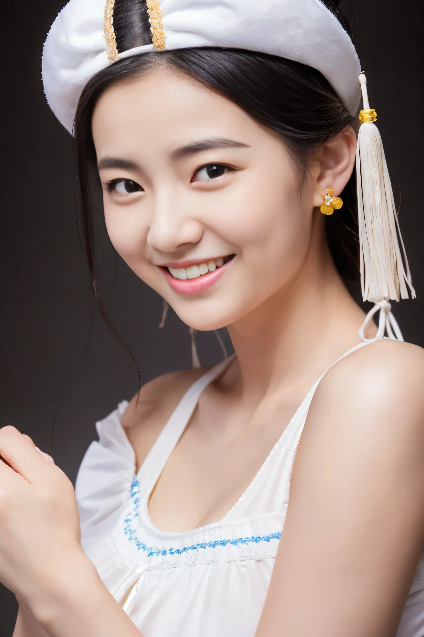 (high resolution photos, bust, 1 girl, 28 years old, woman, facial details, Baby fat, Waist Accessories, Hand in hand, smile, Less exposed teeth, white skin, Upper body, Chinese Traditional Clothing, model pose, studio lighting)