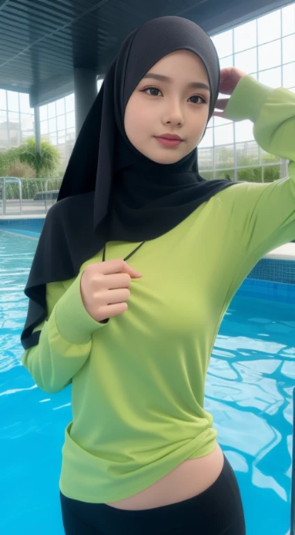 Malay girls in hijab wear wet tshirt sdxl malaysia at swimming pool, wet in rain, detail skin, detail skin texture, mole below eyes, big breast, big hip, big waist, big thigh, slim abs, beautiful body, raining time ((Wet clothes)), holding 