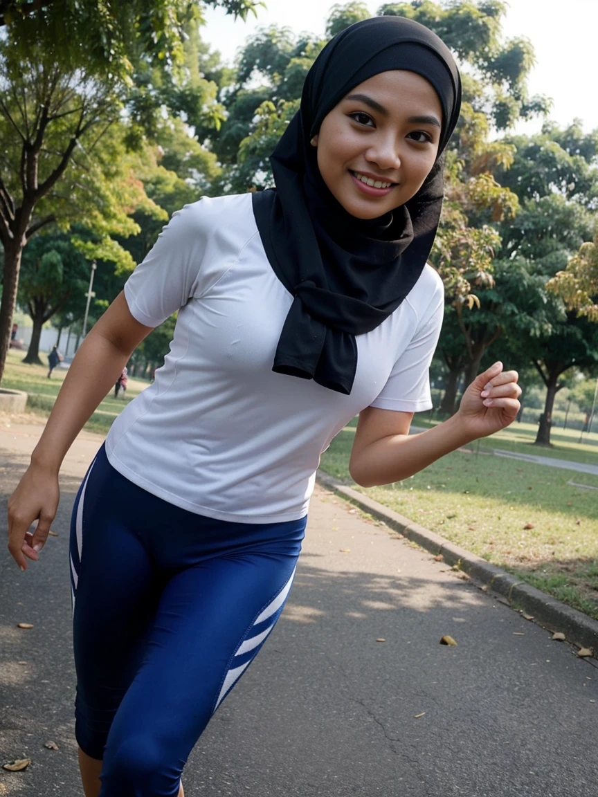 one girl, Malay, stunningly beautiful Malay actress, average Malaysian body, wearing running tee, hijab, running tights, sweating, at a park, running, looking at viewer, smiling