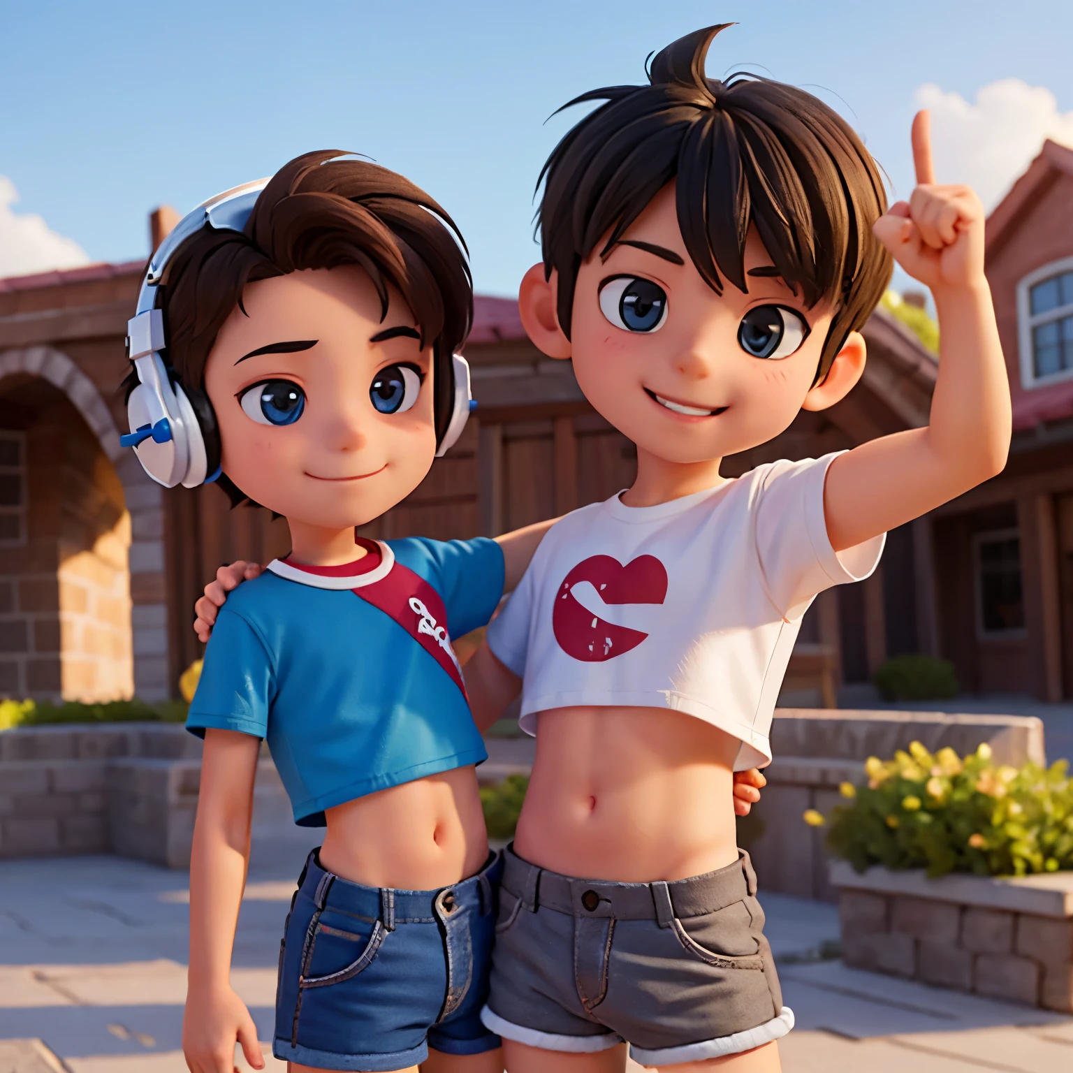 A 2 Boy  - 14uddling, boy wear crop top and short shorts, a boy are making selfies and show peace with hand, boy wear headphones, boy wear crop top, boy wear short shorts, a boy are smiling, a boys are cuddling 