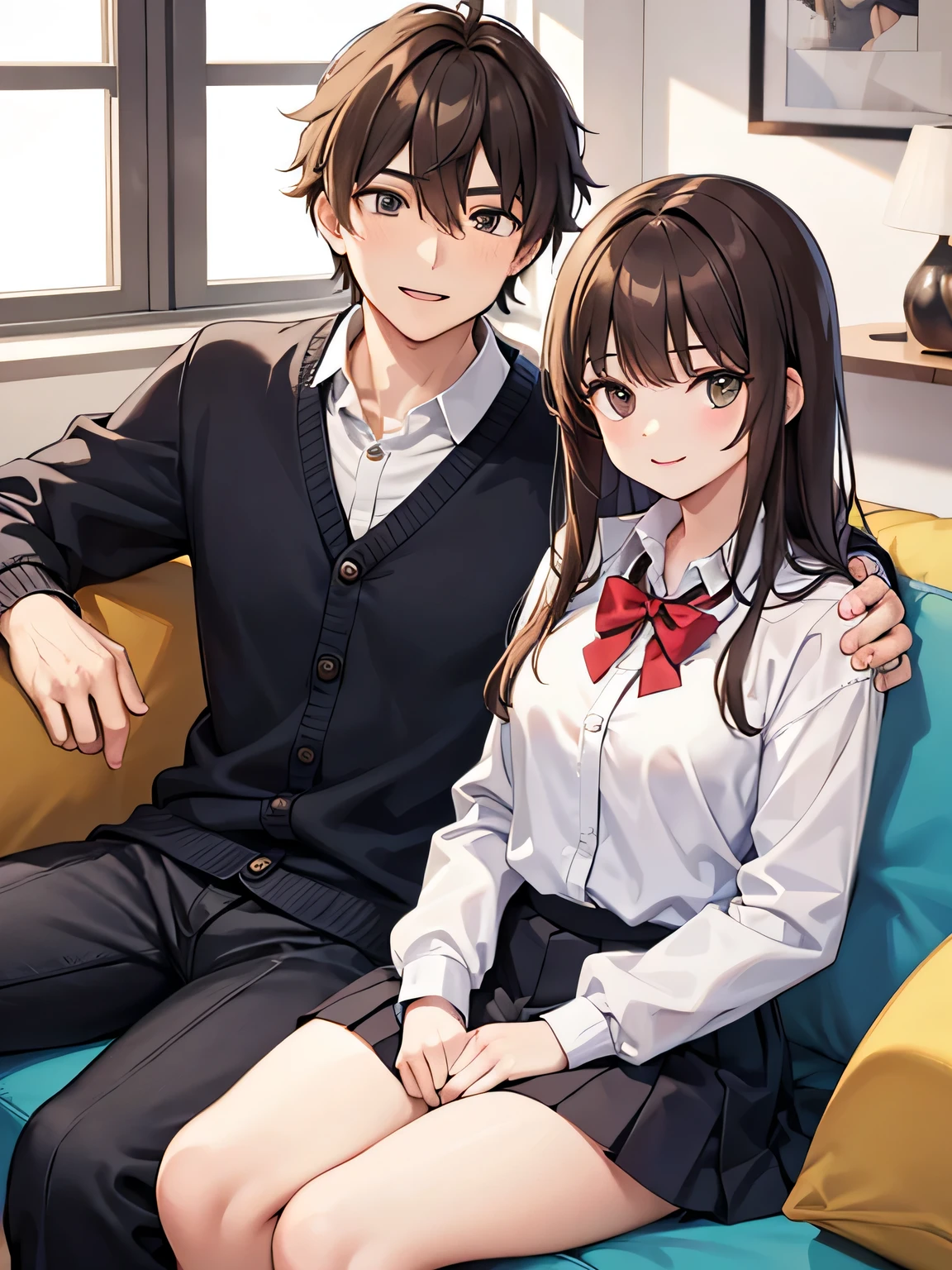 (1) A male and female couple are sitting on a sofa.
(2) That woman is a high school girl, She has brown hair and wears a high school uniform with a miniskirt..
(3) the man wears normal clothes.
(4) both are laughing.
(5) The location is the sofa in the living room of the apartment..