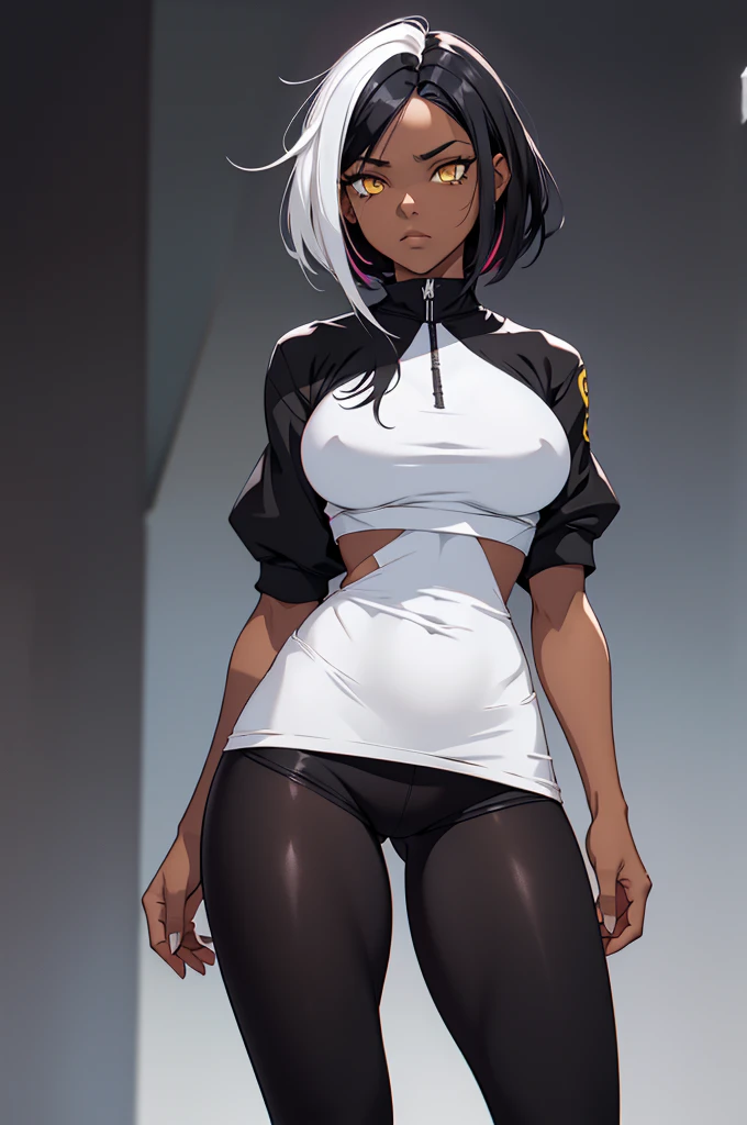 dark skin,1 girl,((multicolored hair, black hair, white hair)), 1 girl, two-tone hair, black on top, white on bottom 1 gilr, ,perfect anatomy girl muscular girl toned body girl large breasts girl thick girl angry girl best quality girl black hair girl yellow eyes girl pale girl pale girl,linda mulher morena, musculosa , usando short legging withe, meia calça preta, cabelo curto, belos olhos, olhos lindos, amarelos, camisa branca, jaqueta de couro preta, shorts, short legging white, cidade beco escuro pantyhose black, two-tone hair, black on top, white on bottom
