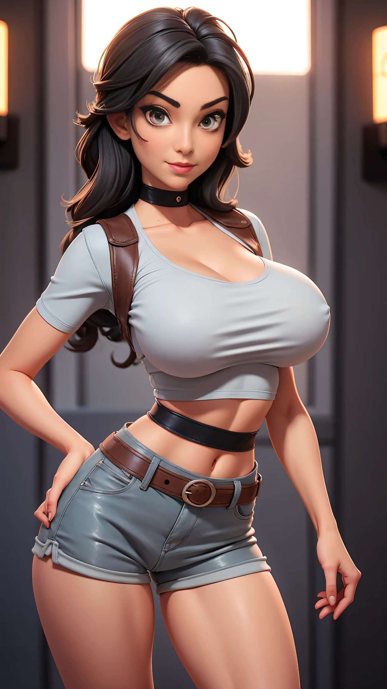 Sexy, slim woman with gray eyes and a sexy pose, dressed in super hot short shorts, huge breasts, holding breasts, wide hips, pantyhouse
