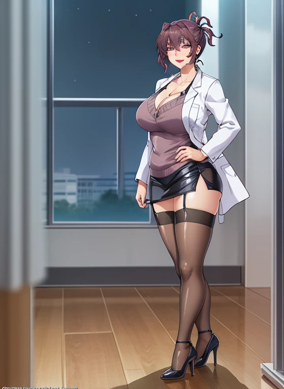 (masterpiece, best quality:1.4), (highheel:1.3), Aiko Katsuragi, (full body shot:1.05), mature female, milf, curvy, 1girl, solo, anime face, standing, sexy pose, side view, doctor, labcoat, stethoscope, pencil short skirt, (thighhighs:1.05), highheels, makeup, large breasts, lipstick, brown eyes, folded ponytail, brown hair, cleavage, perfect body, (athletic body:1.1), perfect eyes, anime eyes, smoky eyeliner, eyeshadow, perfect face, smirking, flirting, sharp focus, medical room, night sky, starts, professional artwork, intricate details, vivid colors, Diffused lighting, digital blending, ultra detailed body, ultra detail hair, ultra detail face, trending on pixiv, 