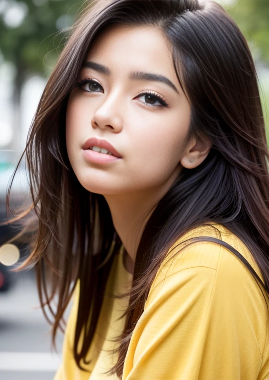 black long hair, wearing yellow t-shirt and white jeans, street of rome, (big breasts:1. 2), solo, detailed face, symmetrical, cute, lips, bright eyes, realistic pupils, looking away, standing, subsurface dispersion, detailed skin, mid-thigh, table, detailed background, objects, realistic proportions, blush, masterpiece, best quality, realistic, hyperrealistic, sharp focus, SFW, detailed skin, detailed eyes, realistic eyes, canon eos r3, detailed face, (TungstenDispo: 1. 2), raw photo, bold, bright colors, dslr, dramatic lighting, high quality, film grain, Fujifilm XT3, (strong backlight:1.1), analog style (liminal space), by Tadao Ando, (freckles and moles and skin pores:0.8)