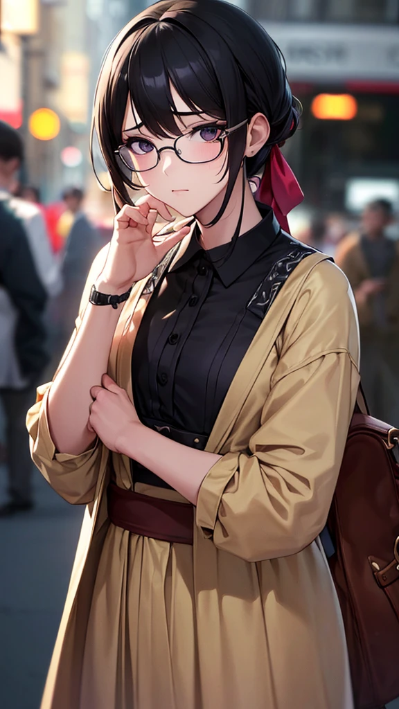 1girl, look to camera, casual gown, at street, lonely, background crowd blurry, held tumbler, wearing glasses, beauty, black hair, hair ribbon, mole under eye, empty eyes, closed mouth, bored, disappointed, disgust, lonely, depressed, Baroque, anime style, depth of field, cinematic lighting, bokeh, masterpiece, UHD, accurate, anatomically correct, textured skin, super detail, high details, high quality, highres, 8k, safe for work, small breast, skiny, ((sfw)), manhwa style, ((manhwa)), ((manhwa style))