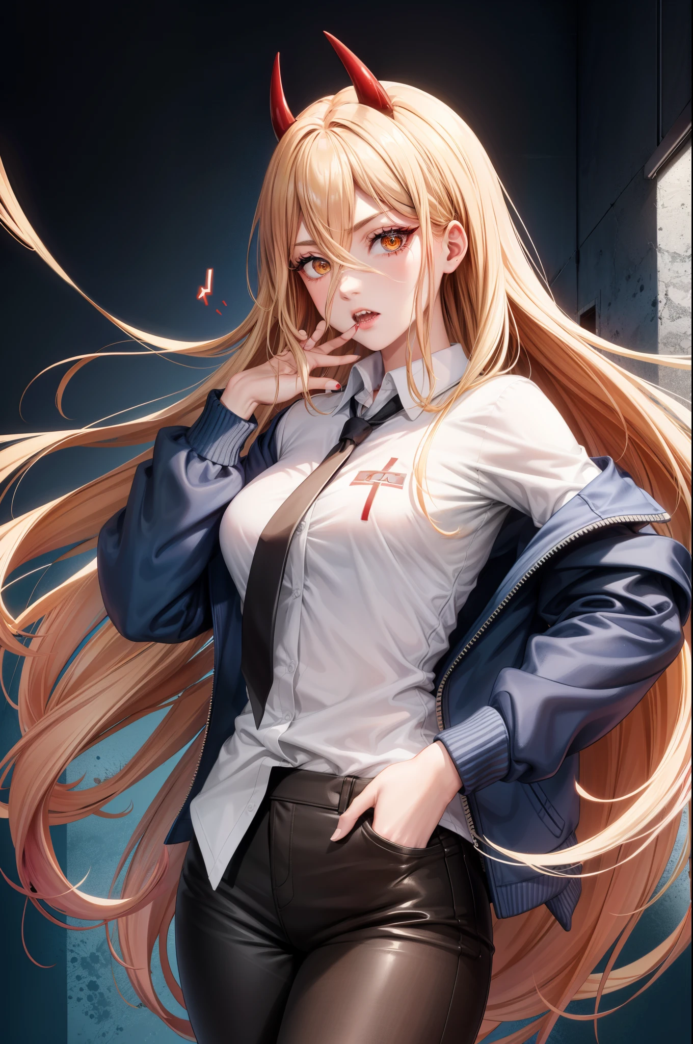 1 girl, force \(CSM\) , long hair, blonde hair, (red horn:1.1), (cross-shaped pupil:1.3), students in the shape of symbols, yellow eyes, sharp teeth,
break white shirt, collared shirt, Long black pants, black tie, (blue jacket:1.2),
break looking at viewer,
break indoors, (office background:1.3),
break (masterpiece:1.2), highest quality, High resolution, unity 8k wallpaper, (figure:0.8), (beautiful and fine eyes:1.6), highly detailed face, perfect lighting, Very detailed CG, (perfect hands, perfect anatomy),