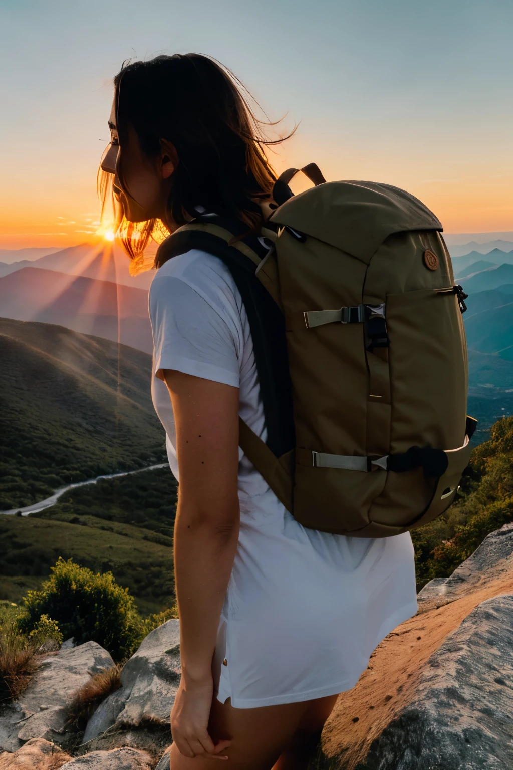 ((best quality)), ((masterpiece)), (detailed), perfect face, climbing the mountain, wearing a mountain backpack, side face looking at the sunrise