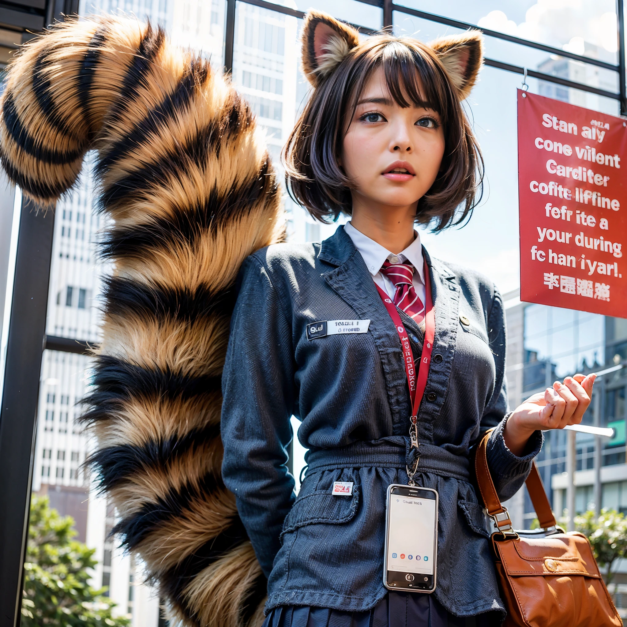 woman stands with a tanuki tail, (software) safe for work, fur with tail, software version, coworkers, realistic style, , realistic style , beautiful girl, photograph, 最high quality, (Her skirt is flipped up and her tail is visible.:1.8) ,Reality, small breasts, slender, white panties,tail from above panties, Tail from inside the skirt, bushy tail, realistic tail, flat chest, (software) safe for work, nffsw, retina, muste piece, Accurate, anatomically correct, super detail, advanced details, high quality, 最high quality, High resolution, 1080p, 4k, 8K, The tail is sticking out from inside the skirt, long tail, A face that looks like it's about to cry, troubled face