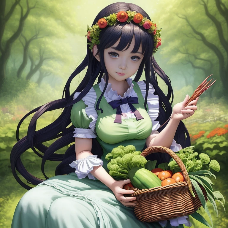 anime girl with a basket of vegetables in a garden, official artwork, official art, the goddess of autumn harvest, hestia, sakimi chan, beautiful maiden, high detailed official artwork, detailed digital anime art, guweiz on pixiv artstation, , goddess of summer, anime lush john 8k woods, zerochan art, a maid in a magical forest