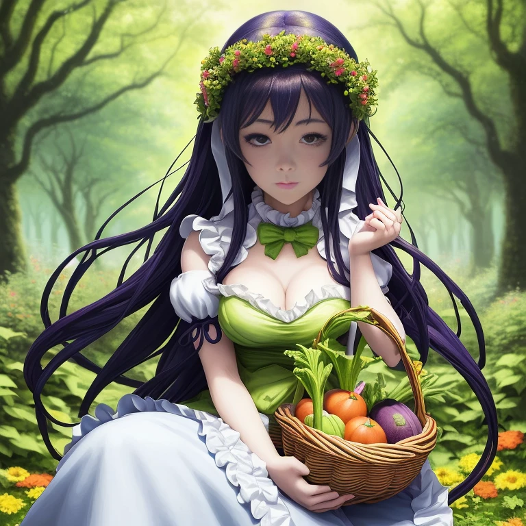 anime girl with a basket of vegetables in a garden, official artwork, official art, the goddess of autumn harvest, hestia, sakimi chan, beautiful maiden, high detailed official artwork, detailed digital anime art, guweiz on pixiv artstation, , goddess of summer, anime lush john 8k woods, zerochan art, a maid in a magical forest