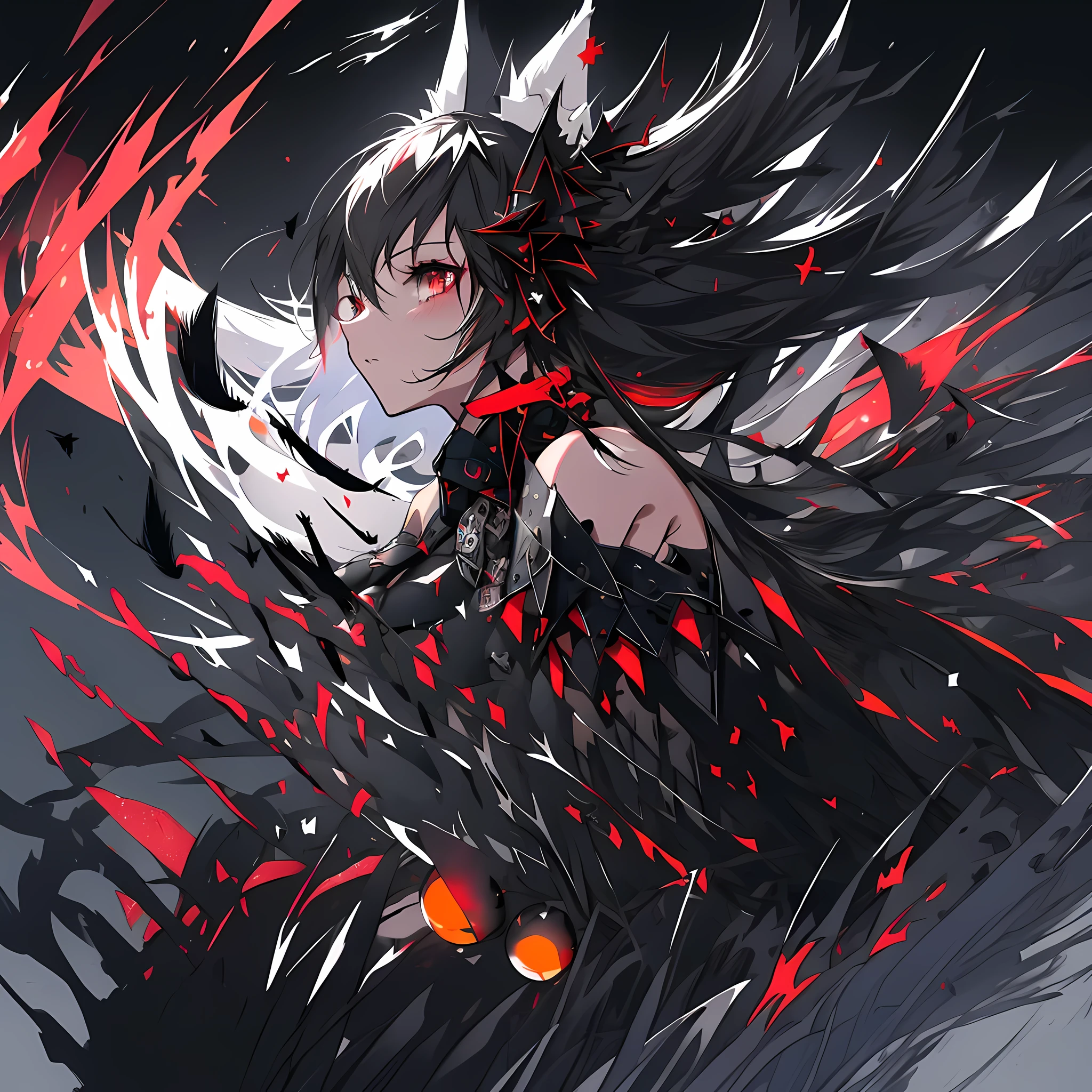 from_more than, masterpiece, (best quality), 1 girl, fox tails, fox ears, black ashes floating, Beautiful and detailed black, red moon, ((Black clouds)), (black wings), Black cloudy sky, on fire, black skirt, ((black mist)), red eyes, (Black smoke), ((Black feathers float in the air)), one, (floating black cloud:1.5), 