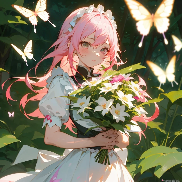 anime girl with pink hair holding a bouquet of flowers in front of butterflies, guweiz on pixiv artstation, guweiz, guweiz on artstation pixiv, artwork in the style of guweiz, portrait of lolita, cushart krenz key art feminine, goddess of spring, a maid in a magical forest