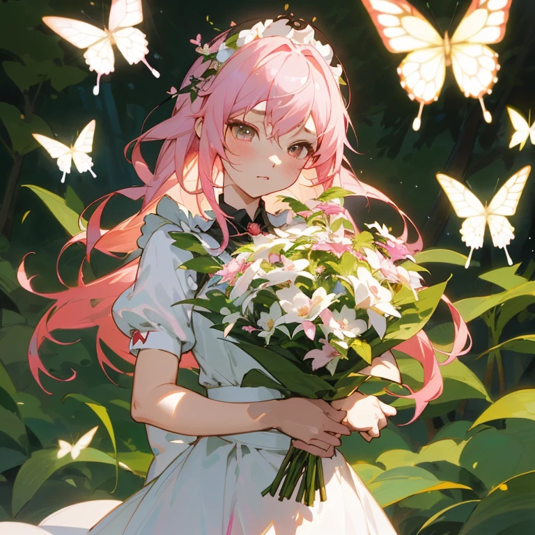anime girl with pink hair holding a bouquet of flowers in front of butterflies, guweiz on pixiv artstation, guweiz, guweiz on artstation pixiv, artwork in the style of guweiz, portrait of lolita, cushart krenz key art feminine, goddess of spring, a maid in a magical forest
