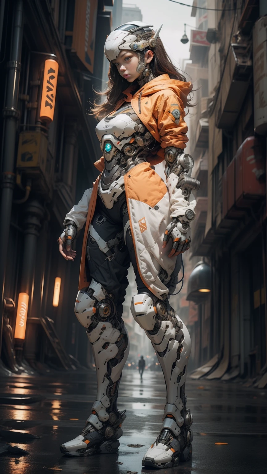full body plane, a futuristic-looking ((white chrome cyborg)) woman with a fantastic ((square cyberhelmet head with orange lights)), mechanical feet, wearing a pair of ((orange tactical gloves)), dressed in a ((orange techwear jacket)), standing in cyberpunk city, face focus UHD, anatomically correct, best quality, masterpiece, reelmech