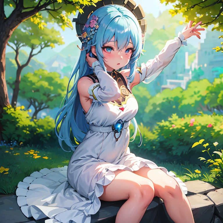 best quality, masterpiece, highly detailed, 1girl, solo, Transparent white skin, mature woman, sister, close to viewer, White hair, silver hair, bare shoulder, Shoulderless Dresses, wedding dress, white dress, white lace dress, white lace long skirt, elbow gloves, cat ears, rational, bangs, very long hair, light smile, streaked hair, beautiful silver long hair girl, blue eyes, light pink lips, large breasts, delicate face, delicate hands, calm, flower background, petal dancing