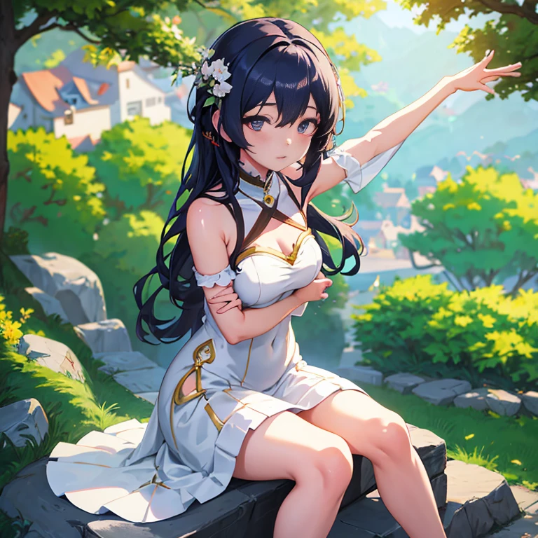 anime girl sitting on a stone wall with her arms outstretched, cute anime waifu in a nice dress, guweiz, beautiful anime girl, artwork in the style of guweiz, guweiz on pixiv artstation,  in dress, guweiz on artstation pixiv, pretty anime girl, beautiful anime woman, anime style 4 k