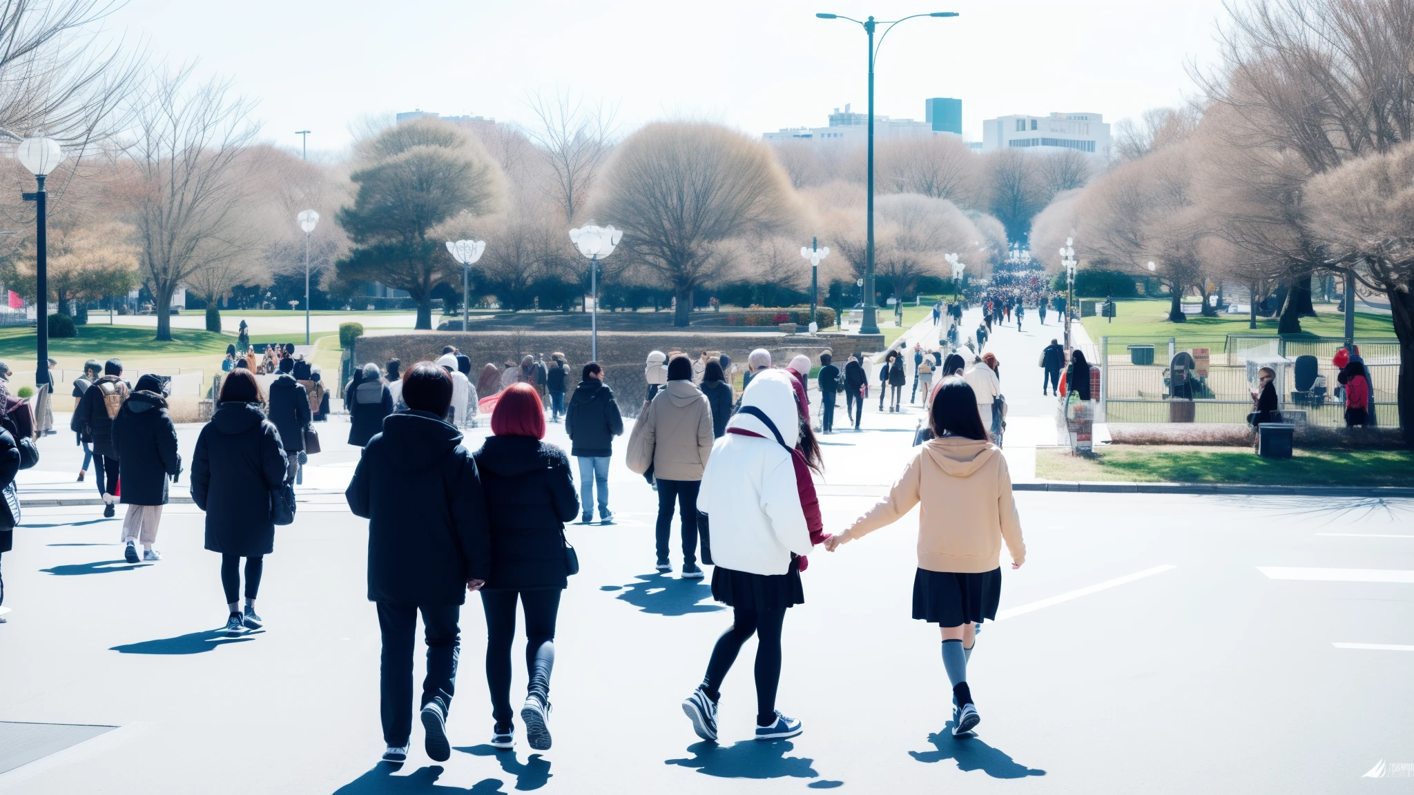 コスプレイベント, line art,Manga backgrounds,There is a large open space with a lot of people walking around.