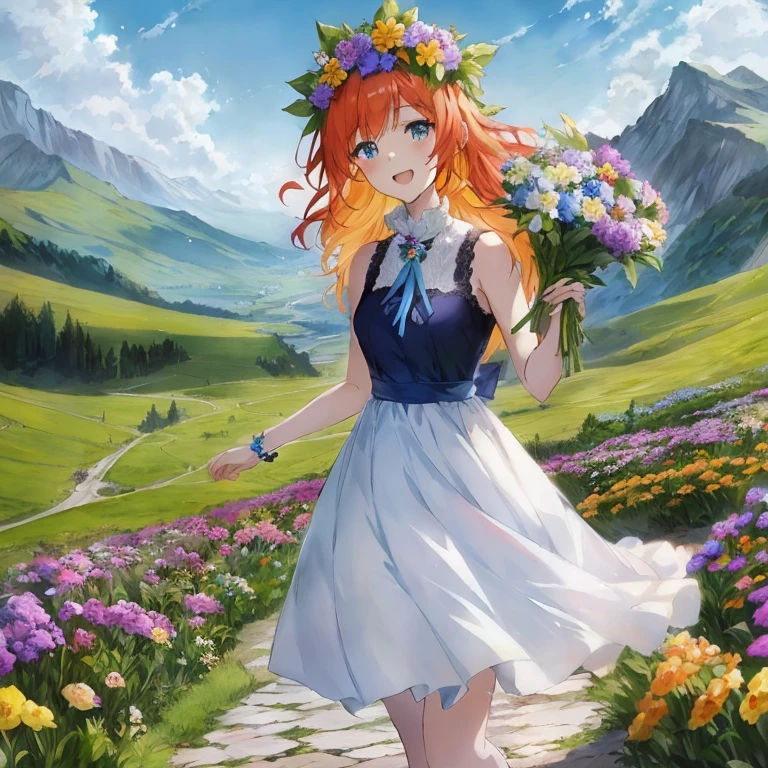 anime girl with red hair and blue dress holding flowers in a field, rin, cushart krenz key art feminine, beautiful maiden, [ 4 k digital art ]!!, anime art wallpaper 8 k, official art, anime art wallpaper 4k, anime art wallpaper 4 k, anime style 4 k, cute anime waifu in a nice dress, marin kitagawa fanart