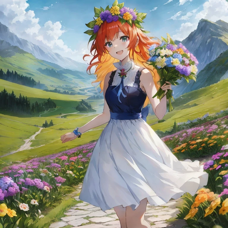 anime girl with red hair and blue dress holding flowers in a field, rin, cushart krenz key art feminine, beautiful maiden, [ 4 k digital art ]!!, anime art wallpaper 8 k, official art, anime art wallpaper 4k, anime art wallpaper 4 k, anime style 4 k, cute anime waifu in a nice dress, marin kitagawa fanart