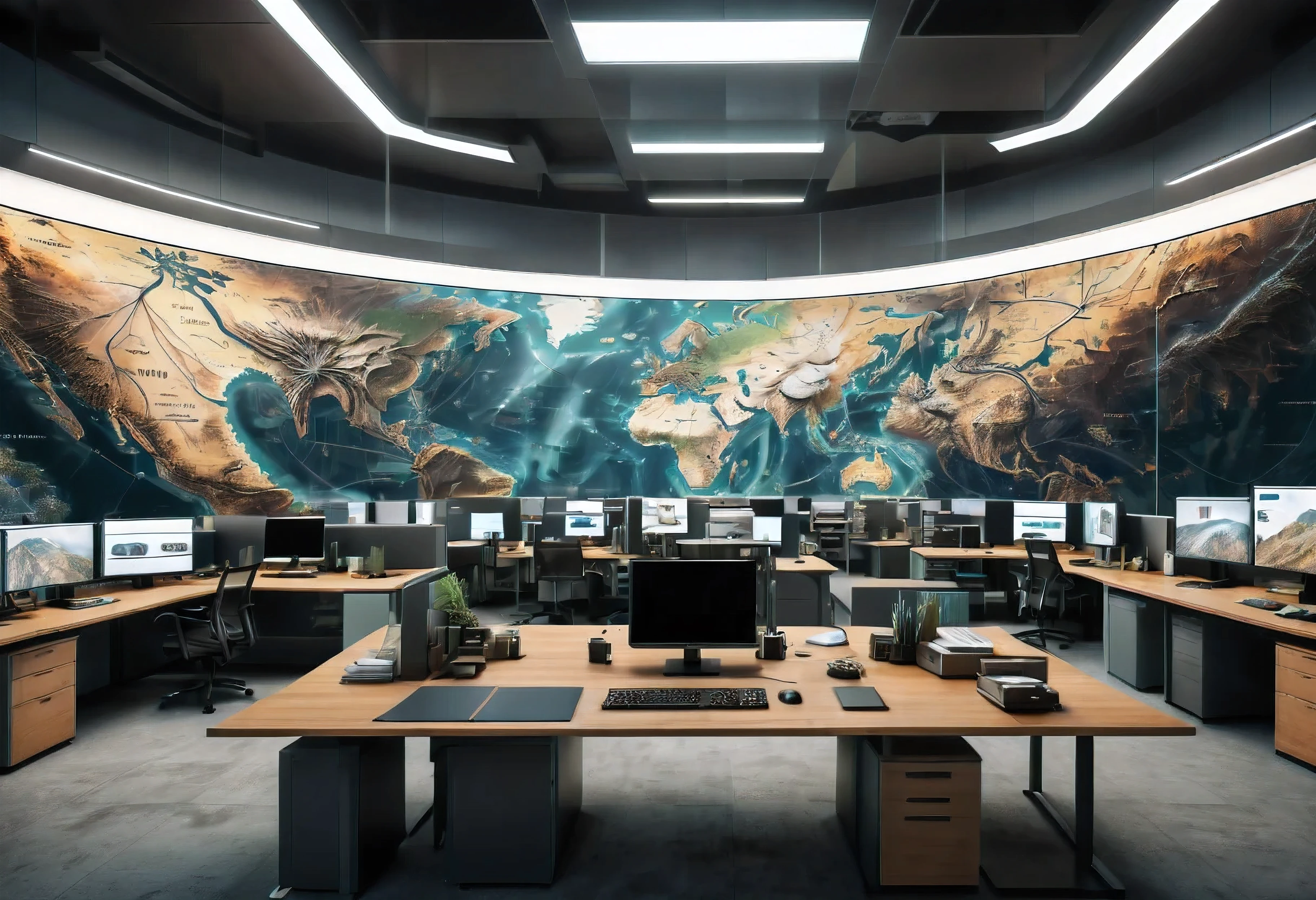 (Masterpiece in maximum 16K resolution), the best quality, (very detailed CG unity 16k wallpaper quality),(Soft colors 16k highly detailed digital art),Super Detailed. | Perfect image,16k UE5,editorial photograph, superfine, Depth of field, no contrast, clean sharp focus, professional, No blurring. | The office on the headquarters of government facing digital map, floor-to-ceiling size digital map with intricate details, amazing wallpapers, official surroundings, optimistic matte photography, Beautiful digital artwork, office background, Beautiful and detailed scenes, UHD underground, UHD landscape,official concept art, detailed digital map. | (((More detail))).