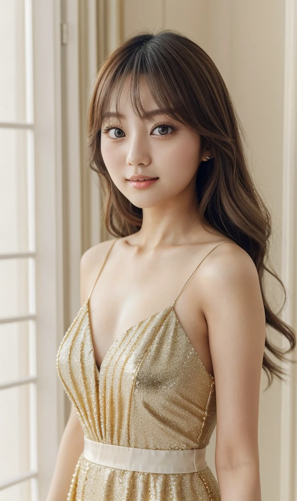 Please generate a beautiful girl like Minami Hamabe. It is desirable to have clear skin like hers, large eyes and soft hair color and texture. It is also important to have an elegant and glamorous atmosphere.