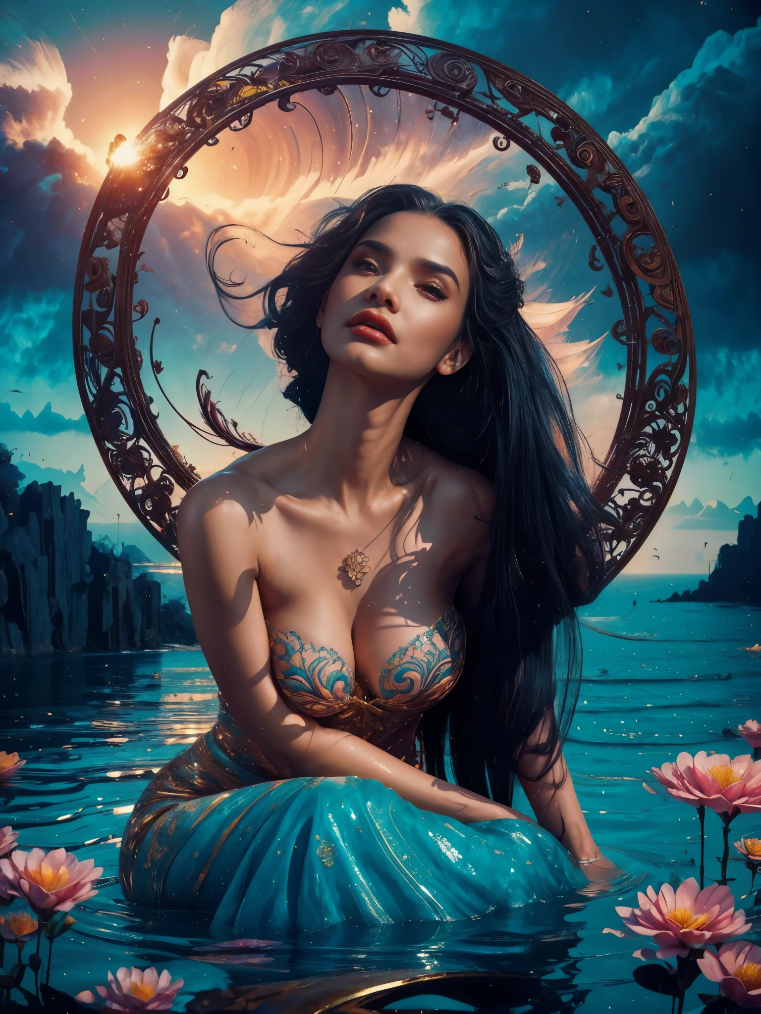  a painting of a ankymoore woman with long wavy hair, t-shirt with plumeria design, digital art inspired by Cyril Rolando, trends in cg society, digital art fantasy, colorful digital fantasy art, wonderful digital art, beautiful art uhd 4 k, exquisite digital illustration, MASTERPIECE, full body photo, black and brown hair, long afro-style hair, real water, bathing in a river pond, extremely detailed art, blushing, water running down the body, small breasts, legs open, sexual arousal, sexual expression, glowing skin, intricate, elegant and highly detailed digital photography, majestic and surreal painting, golden butterfly filigree, beautiful finely detailed eyes:1.2), hdr, (masterpiece), best quality, expressive eyes looking out of the corner of the eye, perfect face, portrait of a beautiful goddess with afro hair, long hair in braids and afro, latin brown skin, intricate digital photography, elegant, highly detailed, earth, (detailed background window to a new dimension, plants and flowers:0.7) night sky with full moon, highly detailed face and body, cinematic lighting, photorealistic, 1 woman, 58 years old, dark brown eyes, big eyes, pink lips, bald pussy, well lit, beautiful and aesthetic:1.2), (fractal art:1.3), colorful, beautiful goddess emerging from the ocean, full female body, wild waves, big waves, oriental mandala tattoos, transparent dresses merged into the sea, stormy sky, sunset sky, storm clouds red, ancient temple floating in the sea, old floating clock, lamp, lantern, beautiful woman with a slight smile, forest, flowers and roses, visible vagina, no panties, ((sitting on a marble pedestal)), front view, magic, Lord of the Rings world, waterfall, mandala and flower tattoos on naked body, toes submerged in water, mostly cloudy sky (highly detailed CG unity 8K wallpaper), exposed breasts, nudes, wlop, naked body,