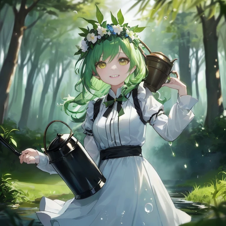 anime girl with green hair and a flower crown holding a watering can, a maid in a magical forest, anime lush john 8k woods, guweiz on pixiv artstation, guweiz on artstation pixiv, a sexy maid in a magical forest, guweiz, from touhou, artwork in the style of guweiz, forest soul