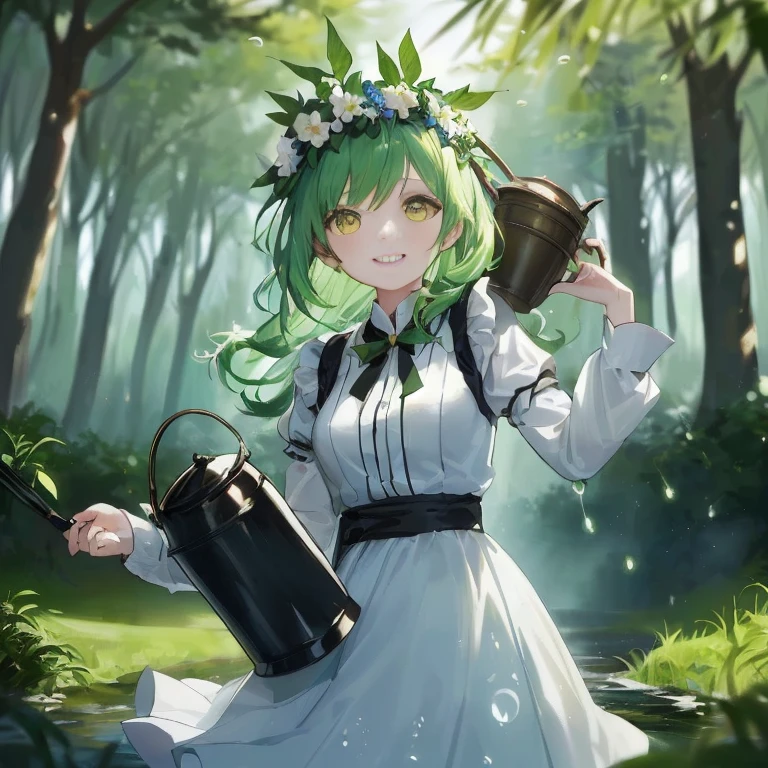 anime girl with green hair and a flower crown holding a watering can, a maid in a magical forest, anime lush john 8k woods, guweiz on pixiv artstation, guweiz on artstation pixiv, a sexy maid in a magical forest, guweiz, from touhou, artwork in the style of guweiz, forest soul