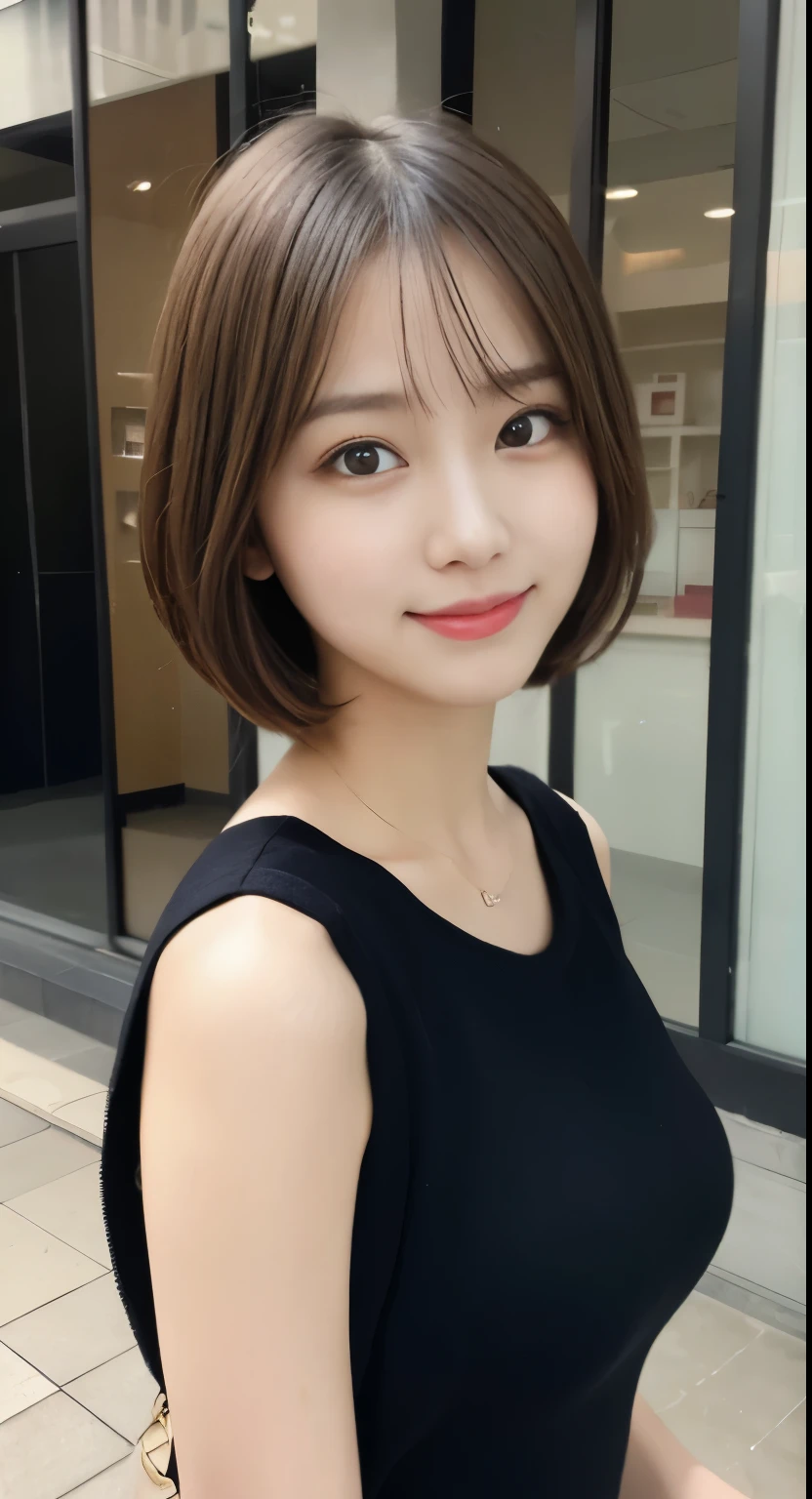 table top, highest quality, figure, super detailed, finely, High resolution, 8k wallpaper, 完璧なダイナミックな構figure, beautiful and fine eyes, ladies' fashion,very short hair,small breasts natural color lip, bold sexy pose,smile,Harajuku、20 year old girl、cute、sexy shot looking at camera