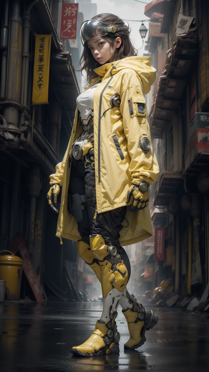 full body plane, a futuristic-looking ((white chrome cyborg)) woman with a fantastic ((square cyberhelmet head with yellow lights)), mechanical feet, wearing a pair of ((yellow tactical gloves)), dressed in a ((yellow techwear jacket)), standing in cyberpunk city, face focus UHD, anatomically correct, best quality, masterpiece, reelmech