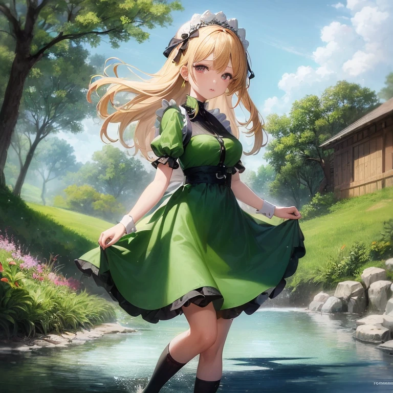 a woman in a green dress is walking across a stream, in dress, cute anime waifu in a nice dress, splash art anime , anime visual of a cute girl, a maid in a magical forest, beautiful anime girl, rin, beautiful maiden, official art, cushart krenz key art feminine, anime lush john 8k woods