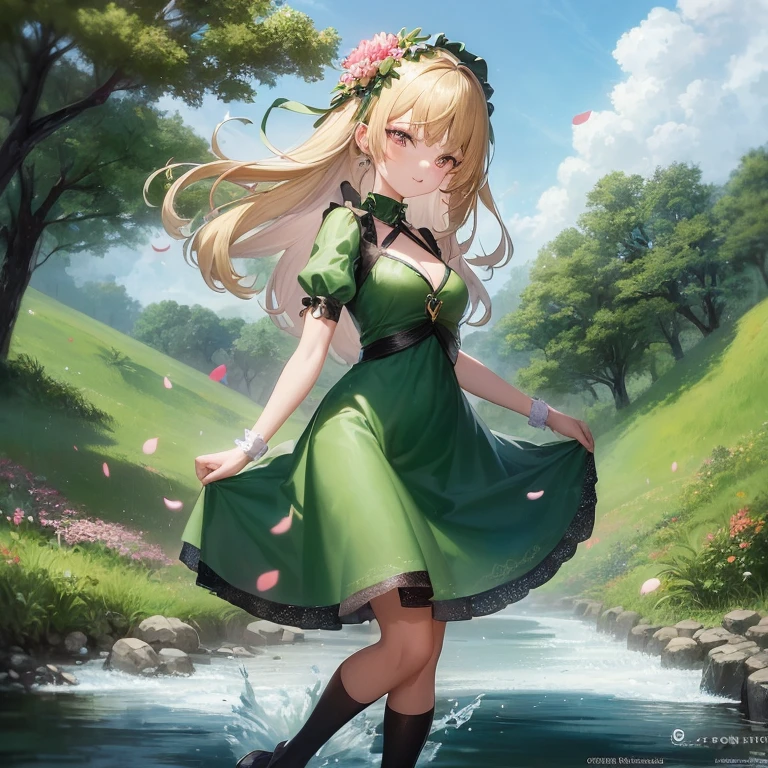 a woman in a green dress is walking across a stream,  in dress, cute anime waifu in a nice dress, splash art anime , anime visual of a cute girl, a maid in a magical forest, beautiful anime girl, rin, beautiful maiden, official art, cushart krenz key art feminine, anime lush john 8k woods