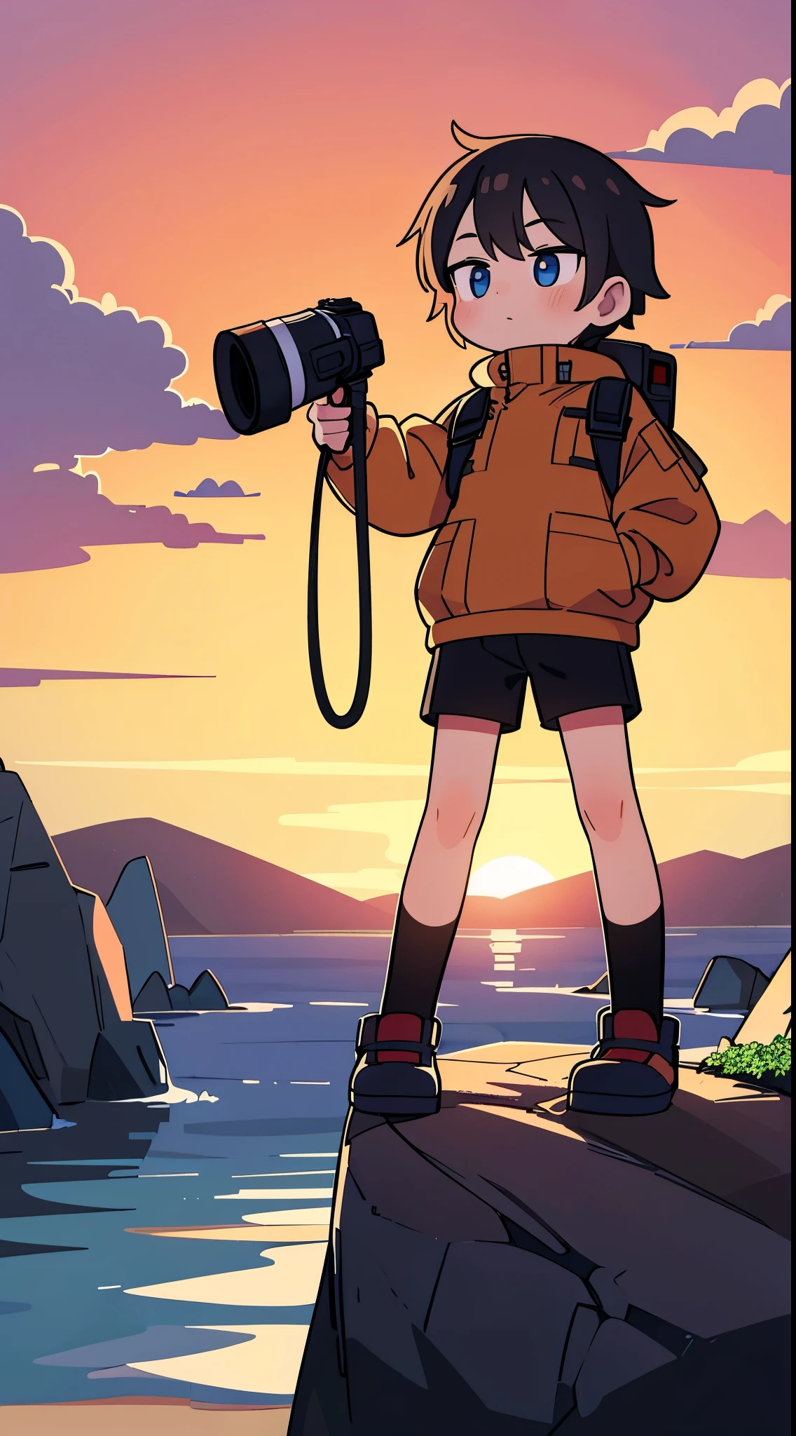 (best quality,4k,8k,highres,masterpiece:1.2),ultra-detailed,realistic:1.37, a boy on the precipice taking a picture of a bird, a boy on the precipice holding a camera, Exploration clothing, sunset