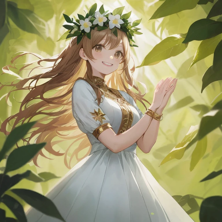 anime girl in a white dress with a flower crown on her head, smiling as a queen of fairies, goddess of nature, goddess of spring, fey queen of the summer forest, goddess of the forest, anime goddess, beautiful maiden, cute anime waifu in a nice dress, goddess of summer, marin kitagawa fanart, the goddess of summer, flower goddess