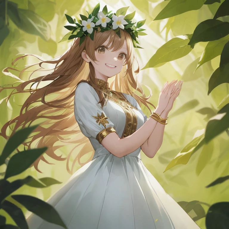 anime girl in a white dress with a flower crown on her head, smiling as a queen of fairies, goddess of nature, goddess of spring, fey queen of the summer forest, goddess of the forest, anime goddess, beautiful maiden, cute anime waifu in a nice dress, goddess of summer, marin kitagawa fanart, the goddess of summer, flower goddess