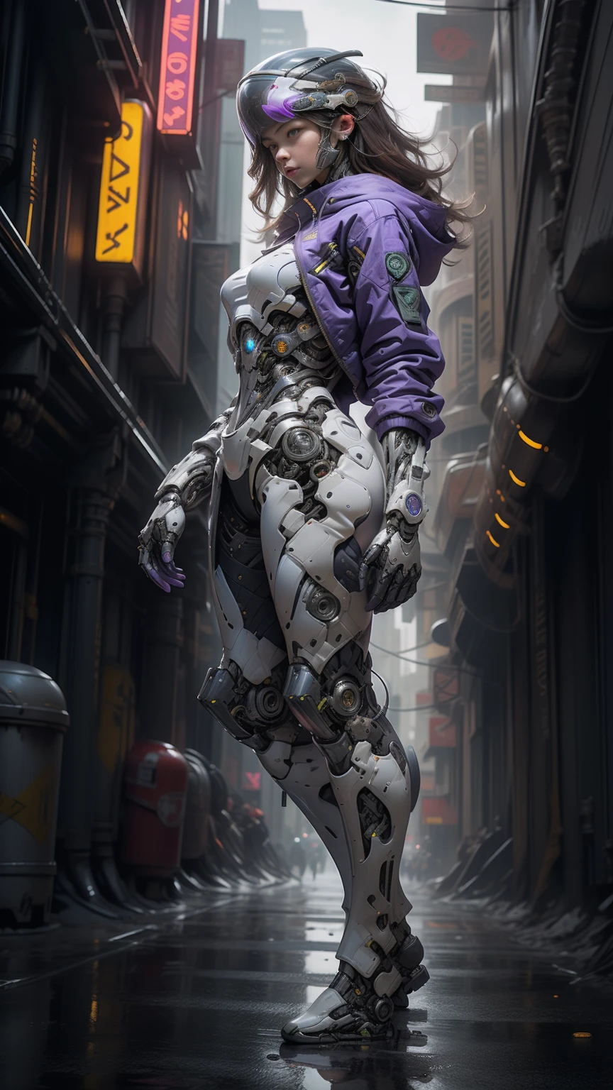 full body plane, a futuristic-looking ((white chrome cyborg)) woman with a fantastic ((square cyberhelmet head with violet lights)), mechanical feet, wearing a pair of ((violet tactical gloves)), dressed in a ((violet techwear jacket)), standing in cyberpunk city, face focus UHD, anatomically correct, best quality, masterpiece, reelmech