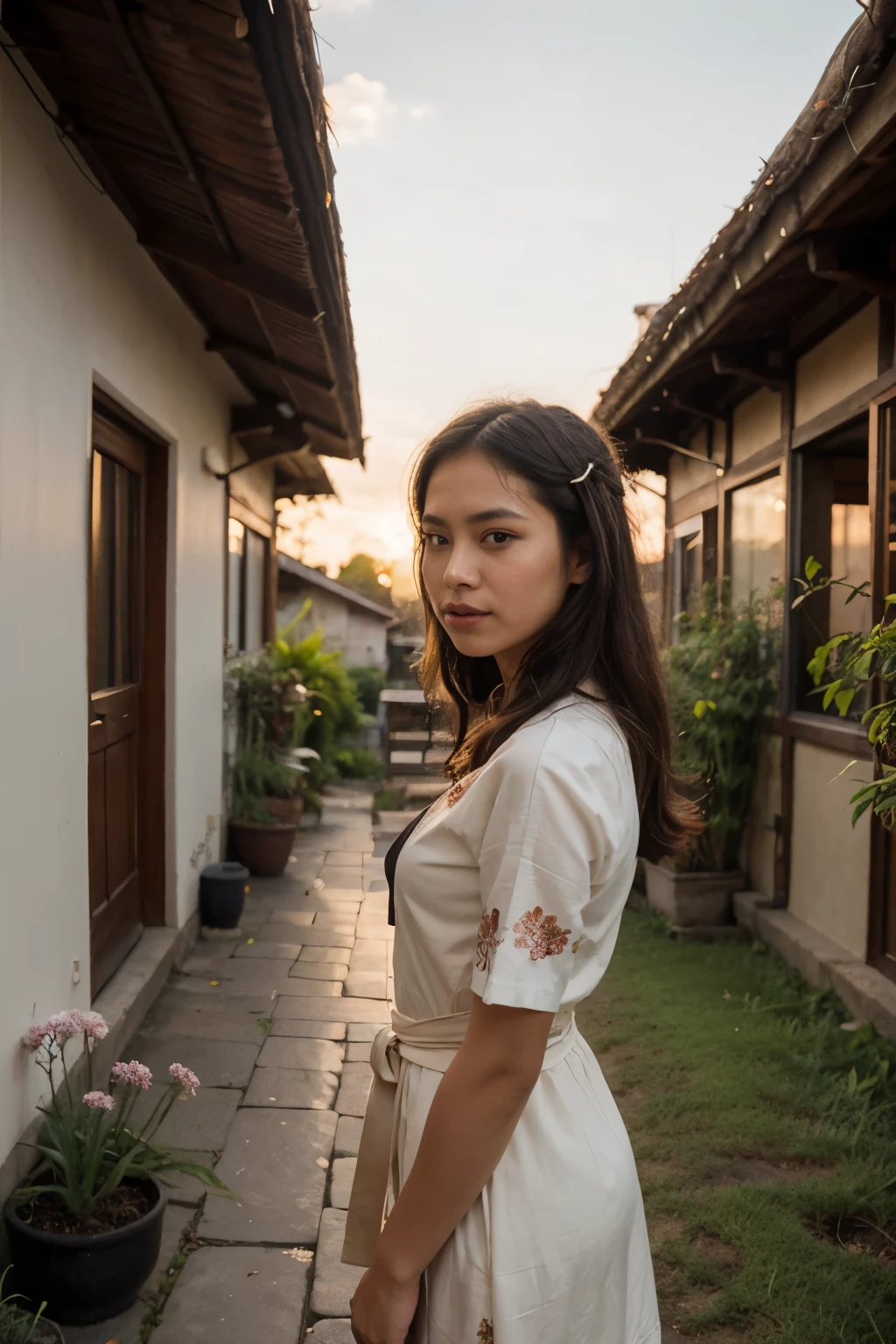 In a traditional Indonesian village, a mesmerizing beauty girl bids farewell to the day as the sun begins to set. She stands amidst lush green rice terraces, her vibrant red and gold traditional dress contrasting against the natural surroundings. The village is filled with charming wooden houses adorned with intricate carvings, and colorful flowers bloom in every corner. The mood is nostalgic and peaceful, capturing the simplicity and beauty of rural life. The style is a painting with vibrant colors and detailed brushwork, reminiscent of Indonesian traditional art. The lighting is warm and soft, with the setting sun casting a gentle glow over the village. The realization is a traditional painting on canvas, using acrylic or oil paints to bring out the vividness of the colors and textures.