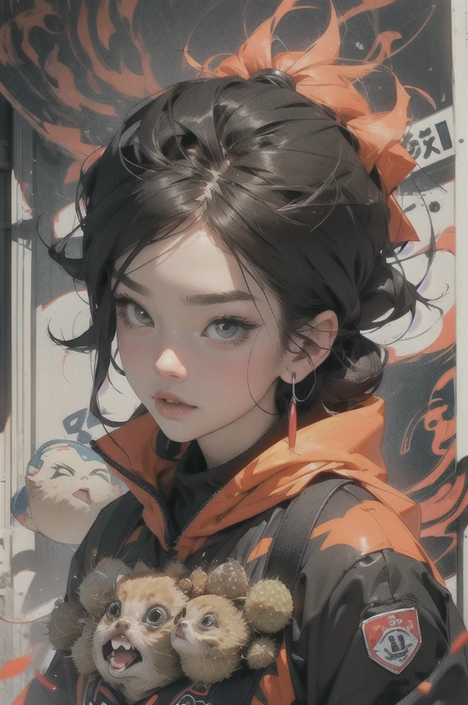 绿色of: 1.5, orange: 1.1, 白色of: 1.3, of: 1.3, (garota rapper com cabelo pavor), post apocalyptic world, tattoo, (lupas pufferfish: 1.2), Giant machines, misterburn, Wire, part, Action pose,酷酷of一个女孩