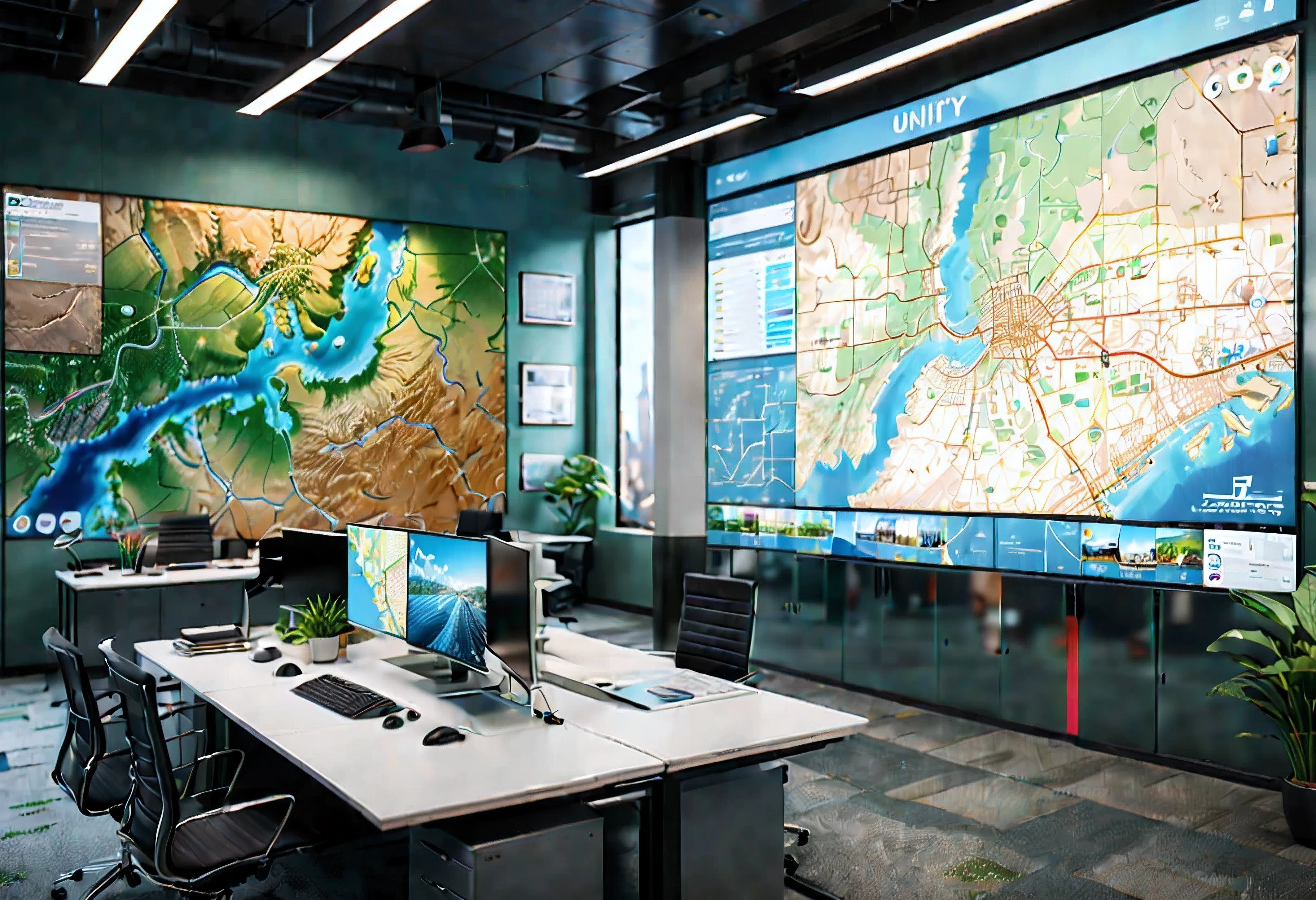 (Masterpiece in maximum 16K resolution), the best quality, (very detailed CG unity 16k wallpaper quality),(Soft colors 16k highly detailed digital art),Super Detailed. | Perfect image,16k UE5,editorial photograph, superfine, Depth of field, no contrast, clean sharp focus, professional, No blurring. | The office on the headquarters of government facing digital map, floor-to-ceiling size digital map with intricate details, amazing wallpapers, official surroundings, optimistic matte photography, Beautiful digital artwork, office background, Beautiful and detailed scenes, UHD underground, UHD landscape,official concept art, detailed digital map. | (((More detail))).