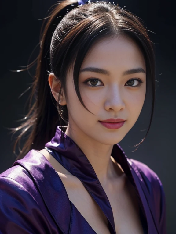 8K portrait、Black hair in a ponytail、Beautiful 25 year old Japan woman, white skin, double eyelid、serious expression, smile a little、Wearing a black and purple ninja costume,Ninja silhouette、plump big breasts、cleavage、With a little exposure、full body shot, dynamic pose, Action-packed、The background is Hayashi、environmental lighting, photorealism, intricate face details, intricate hand details, very detailed, bright colors, cinematic, High resolution, Art Station Trends - Style Row