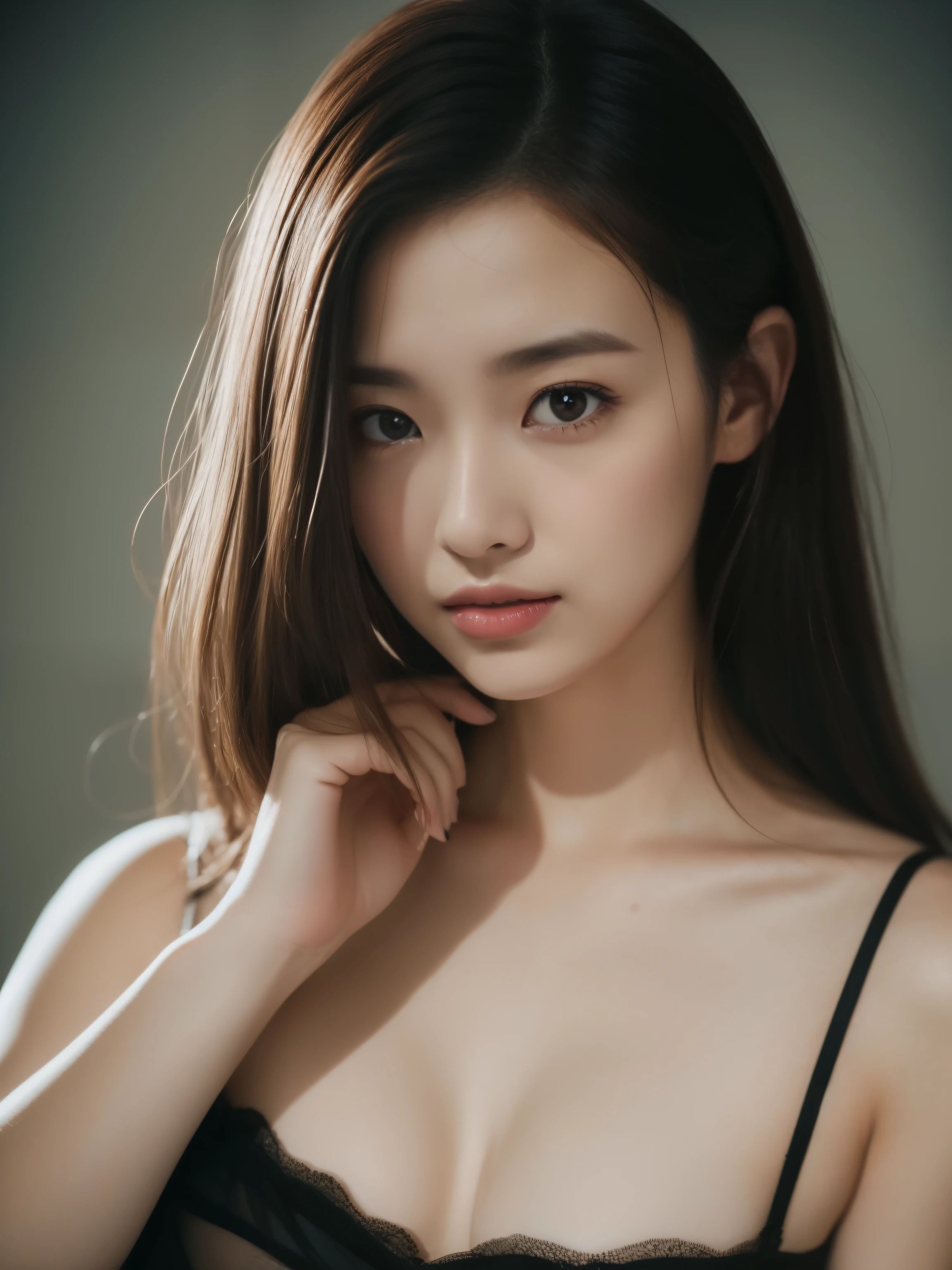 Beautiful 23 year old woman。she is wearing a satin camisole。Lace on the chest and hem.。She looks ecstatic as if she had an orgasm during sex..。her dark brown hair、、her hair is long。High resolution、masterpiece、highest quality、Head w:1.4、((Hasselblad Photos))、fine skin、fine knit、(movie lighting)、clavicle