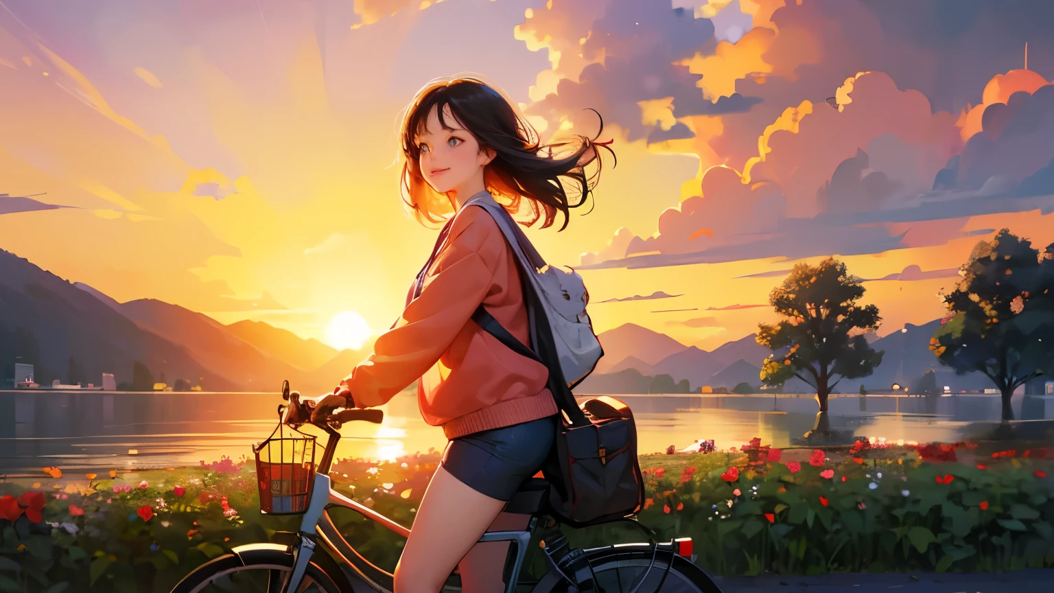 ((masterpiece)),(((bestquality))),((ultra-detailed)) realisticlying, 1 girl, korean woman, Beautiful, ride a bicycle wit a cat. wearing a sweater and shorts, Beautiful sunset, solo, The sky turns red at sunset, Face smile, looking away, fowers, lake. flower garden,.