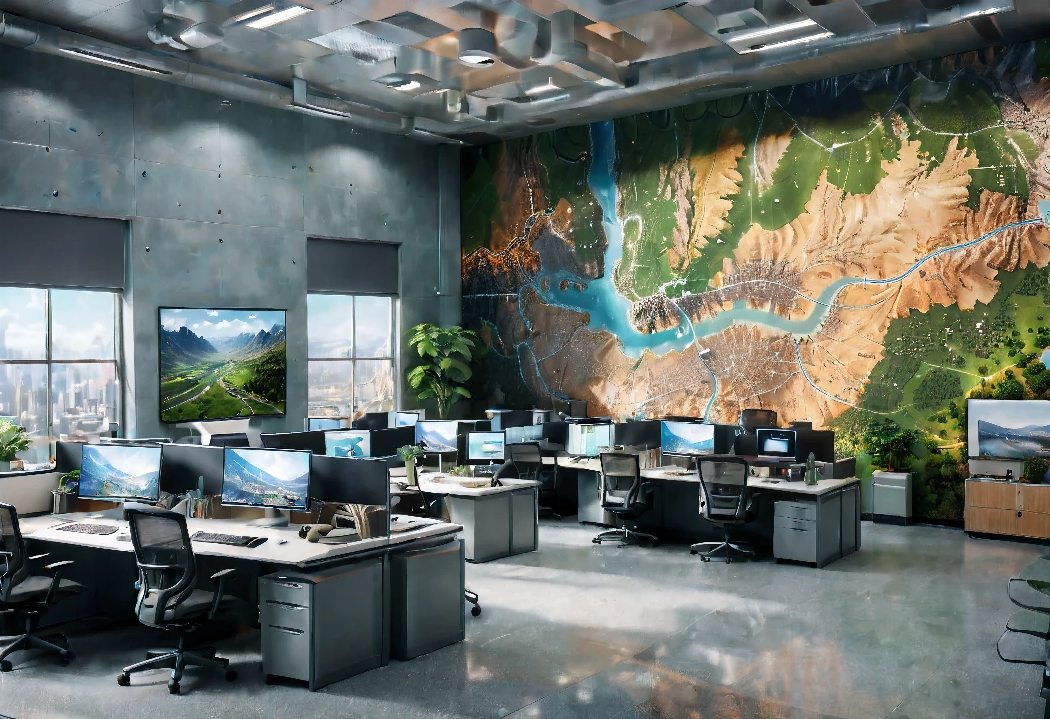 (Masterpiece in maximum 16K resolution), the best quality, (very detailed CG unity 16k wallpaper quality),(Soft colors 16k highly detailed digital art),Super Detailed. | Perfect image,16k UE5,editorial photograph, superfine, Depth of field, no contrast, clean sharp focus, professional, No blurring. | The office on the headquarters of government facing digital map, floor-to-ceiling size digital map with intricate details, amazing wallpapers, official surroundings, optimistic matte photography, Beautiful digital artwork, office background, Beautiful and detailed scenes, UHD underground, UHD landscape,official concept art, detailed digital map. | (((More detail))).