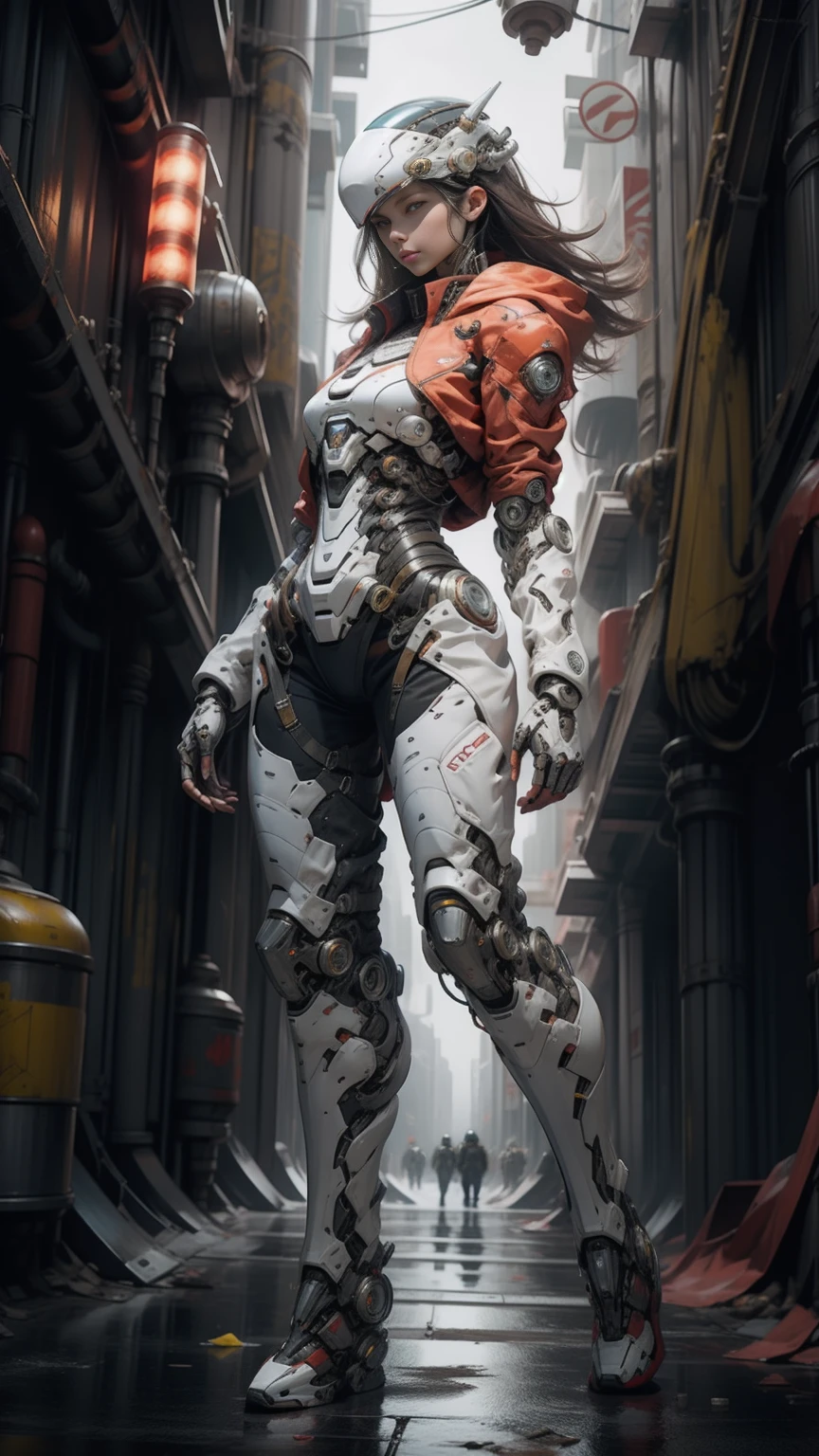 full body plane, a futuristic-looking ((white chrome cyborg)) woman with a fantastic ((square cyberhelmet head with red lights)), mechanical feet, wearing a pair of ((red tactical gloves)), dressed in a ((red techwear jacket)), standing in cyberpunk city, face focus UHD, anatomically correct, best quality, masterpiece, reelmech
