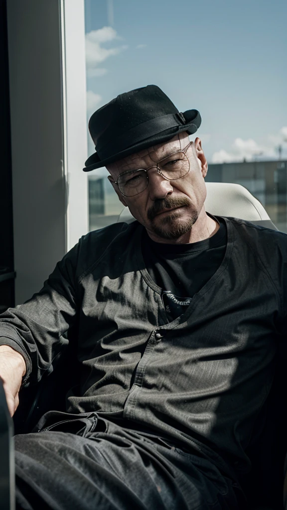 Walter white sitting from breaking bad sitting in a chair wearing black suit and with a rayband glass